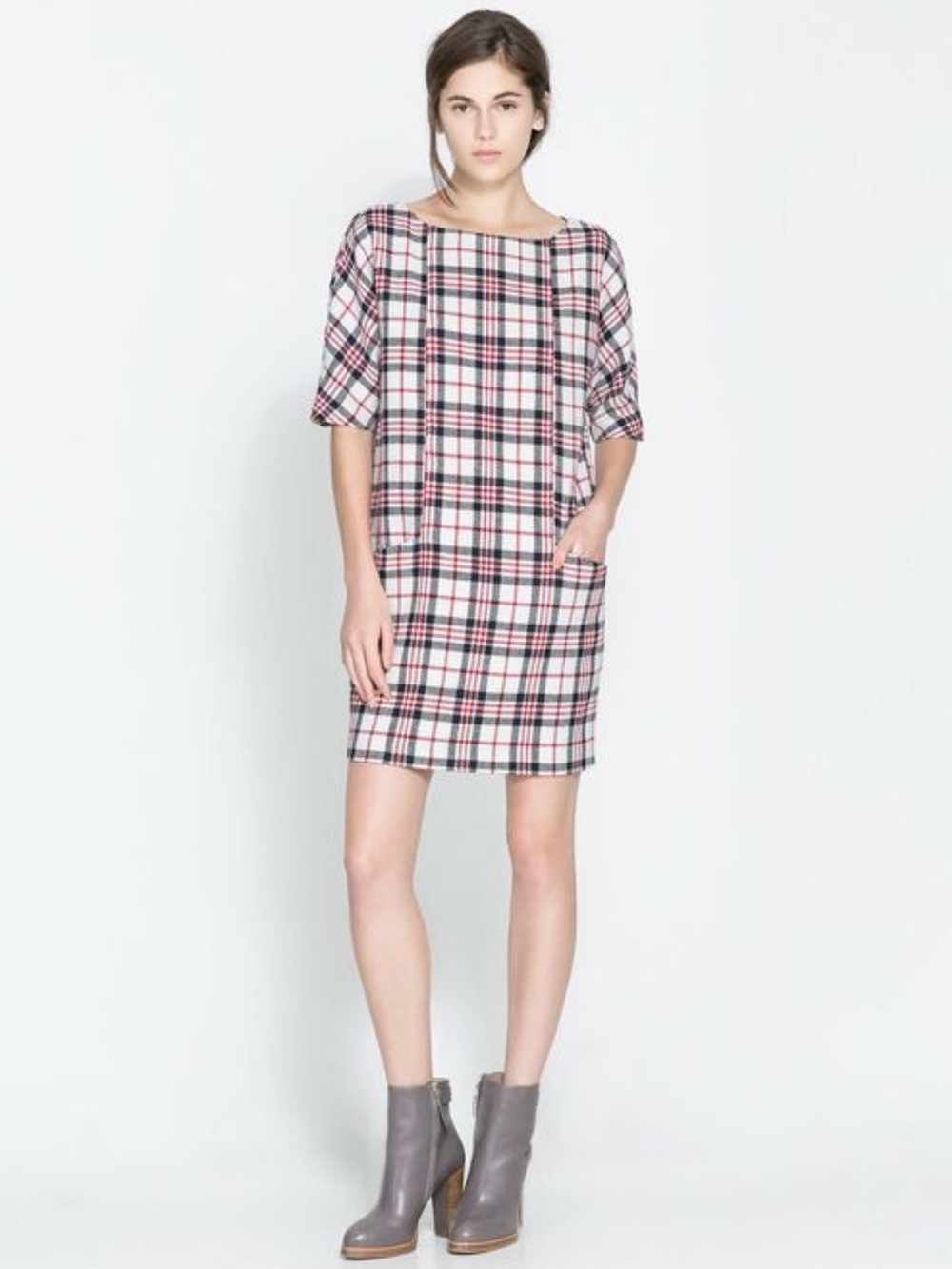 Zara Basic Tartan Plaid Wool Blend Shift Mini Dress Pockets Medium